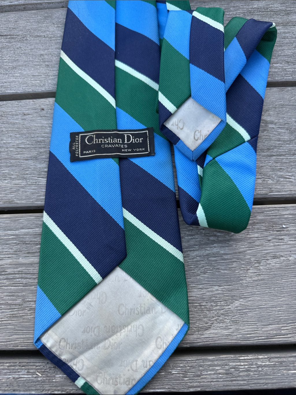 Dior Green Navy  Blue Diagonal Stripe Silk Tie